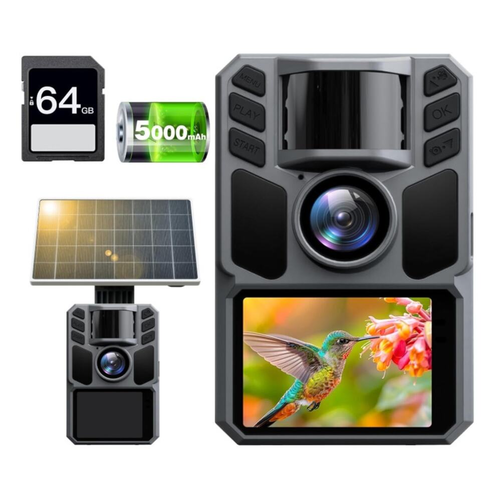 Trail Camera 4K 64MP 5000mAh 64GBCard Wtrprf, NightVision, MotionActiv, Solar